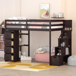 Twin Size Loft Bed With Storage Drawers And Stairs With Shelves - Espresso