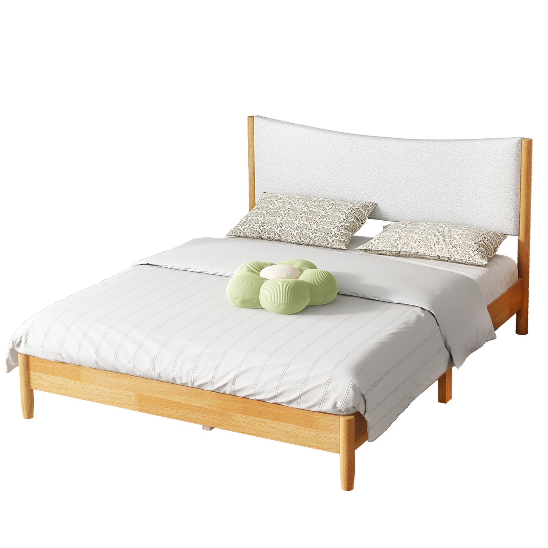 Queen Size Rubber Wooden, Solid Wooden Bed With Teddy Velvet Cushion Upholstered Headboard, Enhanced By Support Feet - Natural - Image 11