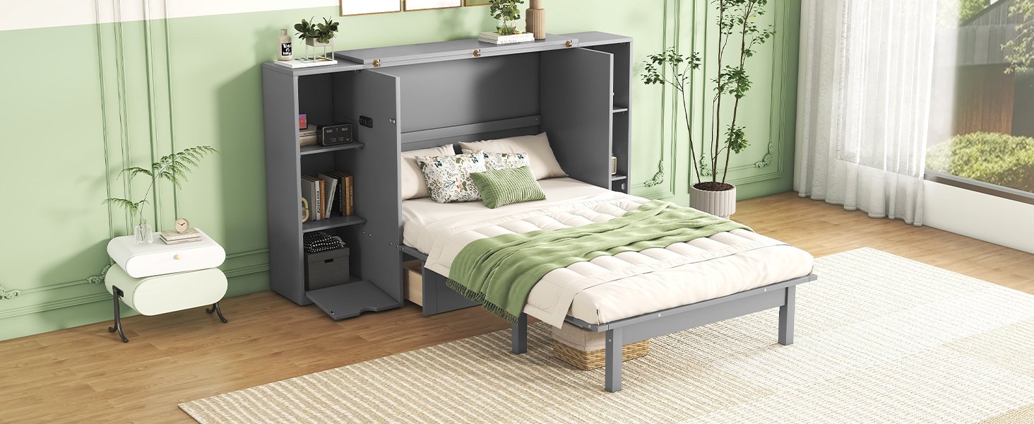 Queen Size Murphy Bed With Shelves, Drawers And USB Ports - Gray - Image 16
