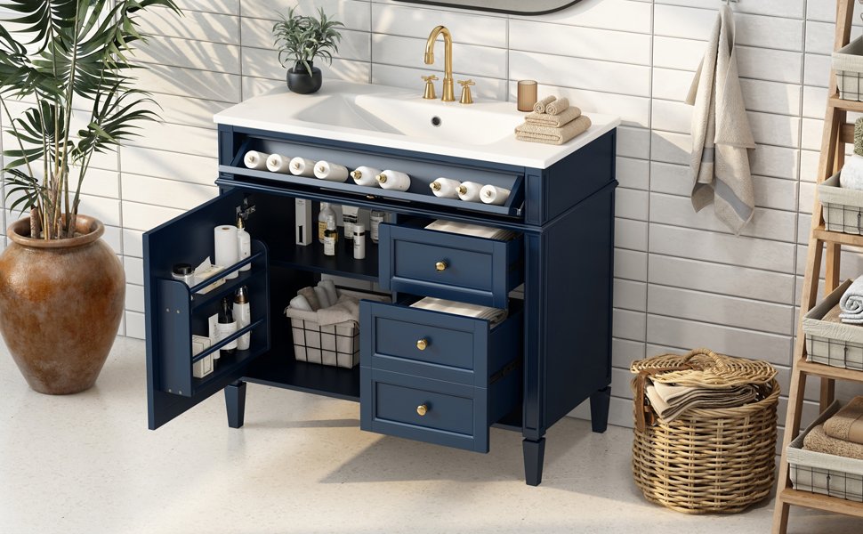 Bathroom Vanity With Top Sink, Modern Bathroom Storage Cabinet With 2 Drawers And A Tip-Out Drawer, Single Sink Bathroom Vanity - Blue - Image 17