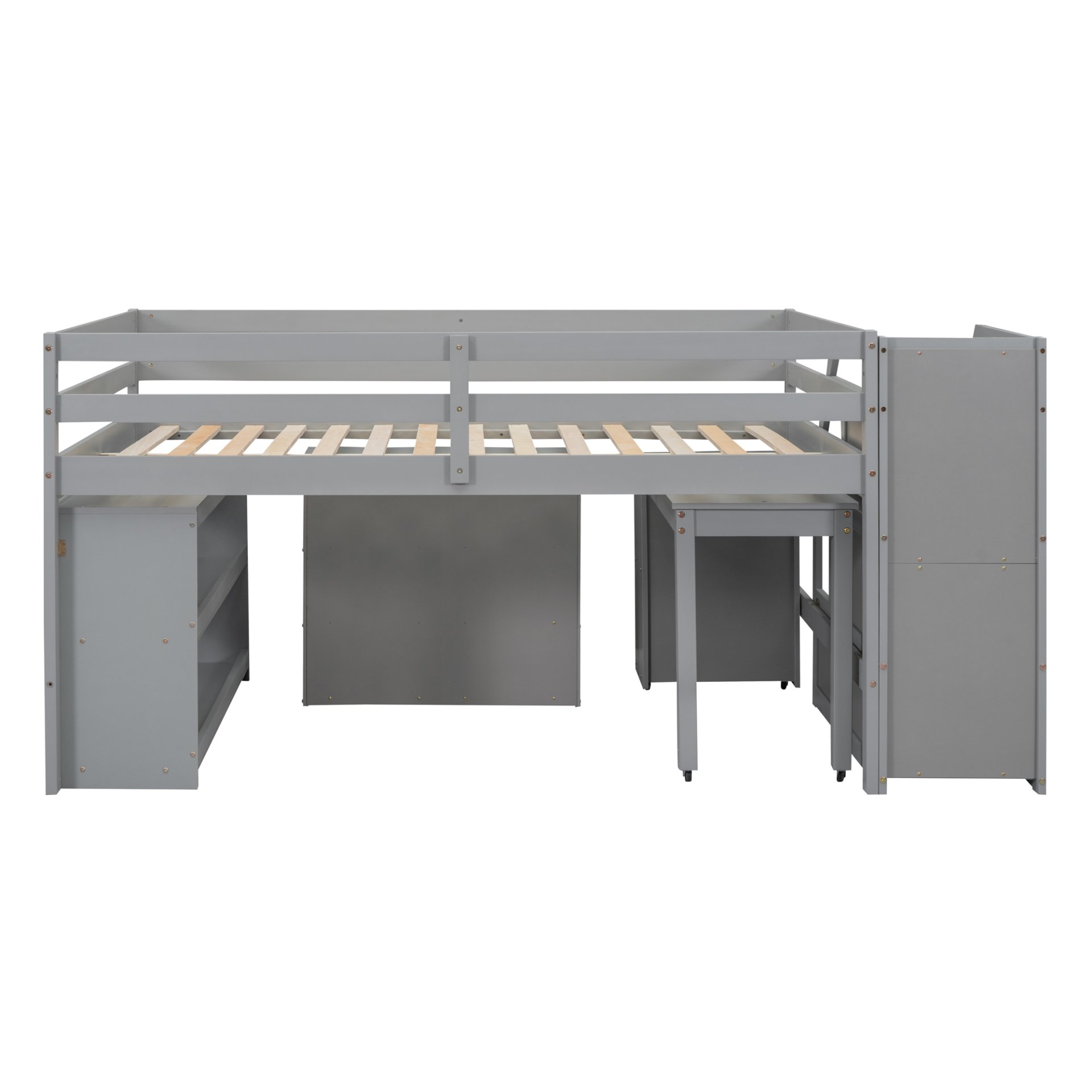 Full Size Loft Bed With Retractable Writing Desk And 3 Drawers With Storage Stairs And Shelves - Gray - Image 14