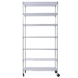 7 Tier Metal Shelf Wire Shelving Unit, 2450Lbs Heavy Duty Adjustable Storage Rack With Wheels & Shelf Liners For Closet Kitchen Garage Basement Commercial Shelving - Chrome