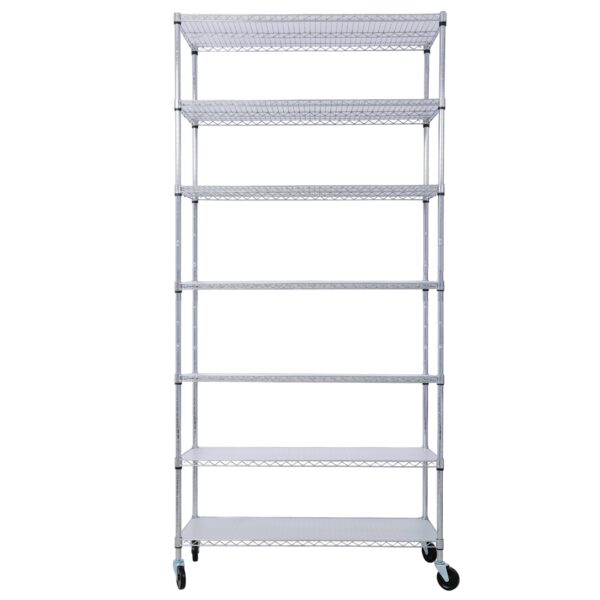 7 Tier Metal Shelf Wire Shelving Unit, 2450Lbs Heavy Duty Adjustable Storage Rack With Wheels & Shelf Liners For Closet Kitchen Garage Basement Commercial Shelving - Chrome
