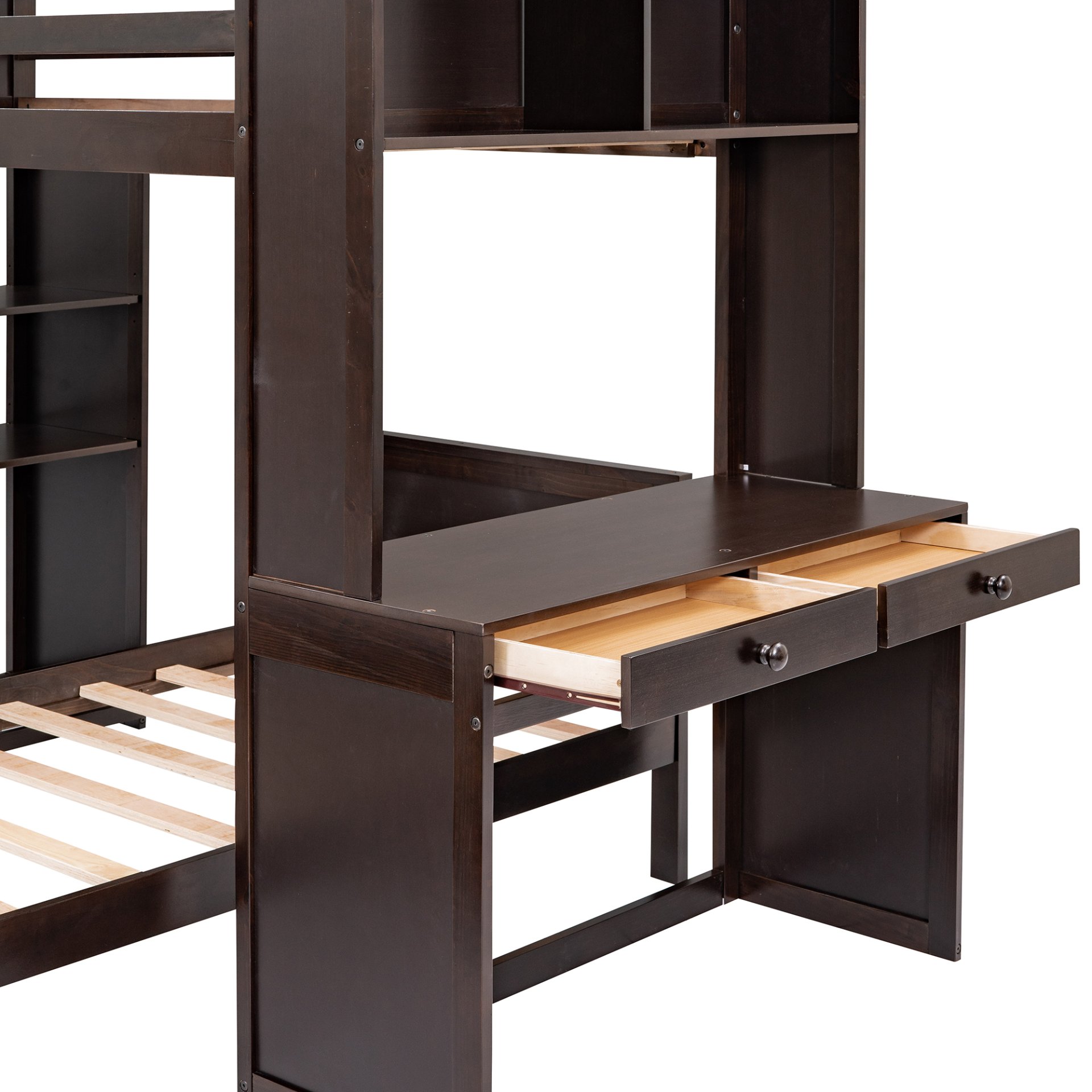 Twin Size Loft Bed With A Stand Alone Bed, Shelves, Desk, And Wardrobe - Espresso - Image 18