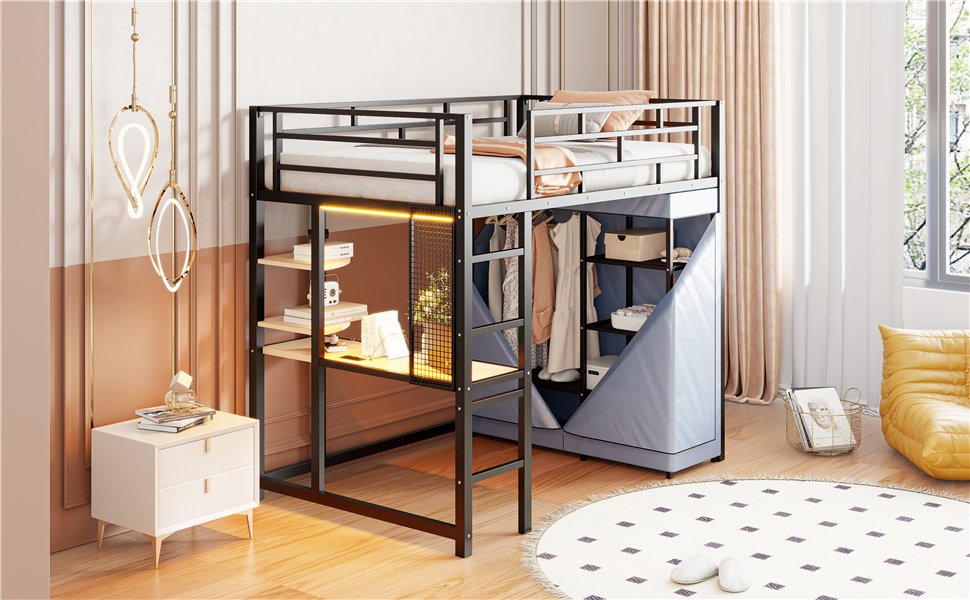 Twin Size Loft Bed With Desk, Shelves, Power Outlet, LED Light And Wardrobe - Black - Image 27