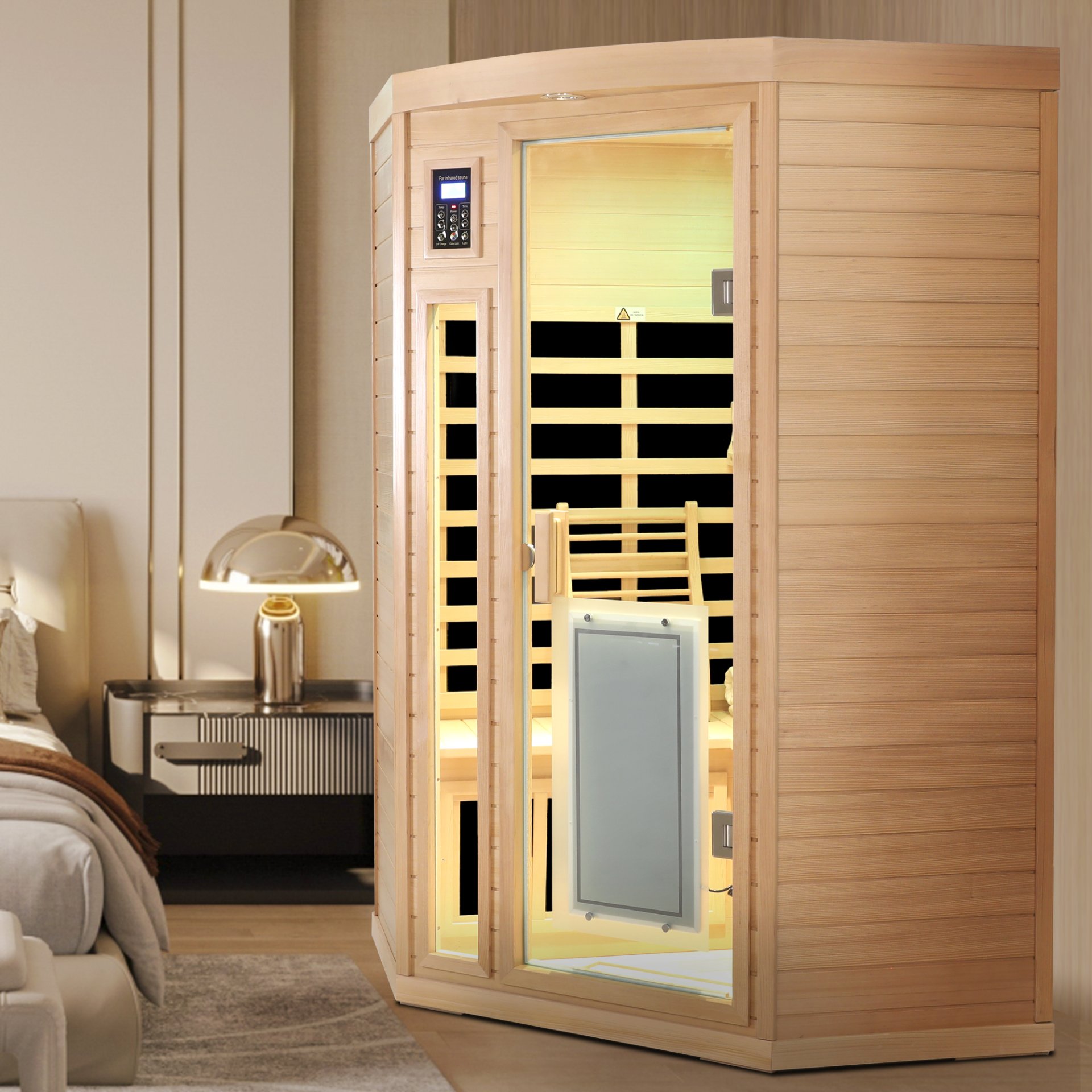 Low Emf Front Door With Heating Panel 2 Persons Hemlock Far Infrared Corner Indoor Sauna Room - Natural - Image 5