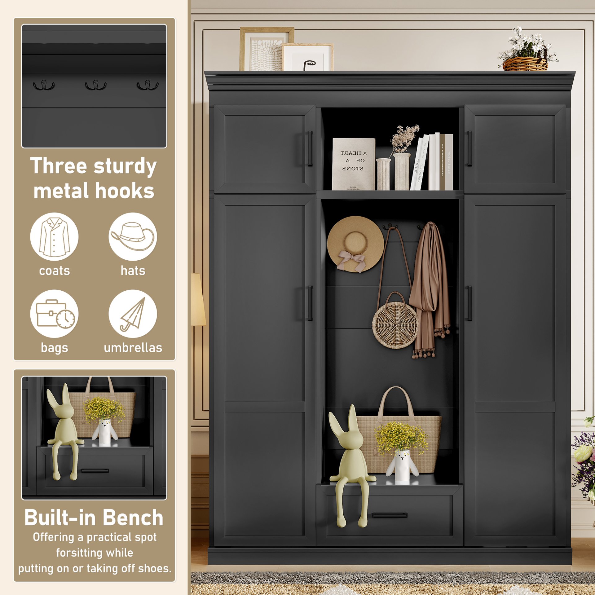 Hall Tree With Bench And 3 Hooks, Modern Entryway Storage Organizer Cabinet With 4 Doors, 1 Drawer And Adjustable Shelves For Hallway, Entryway, Living Room - Black - Image 6