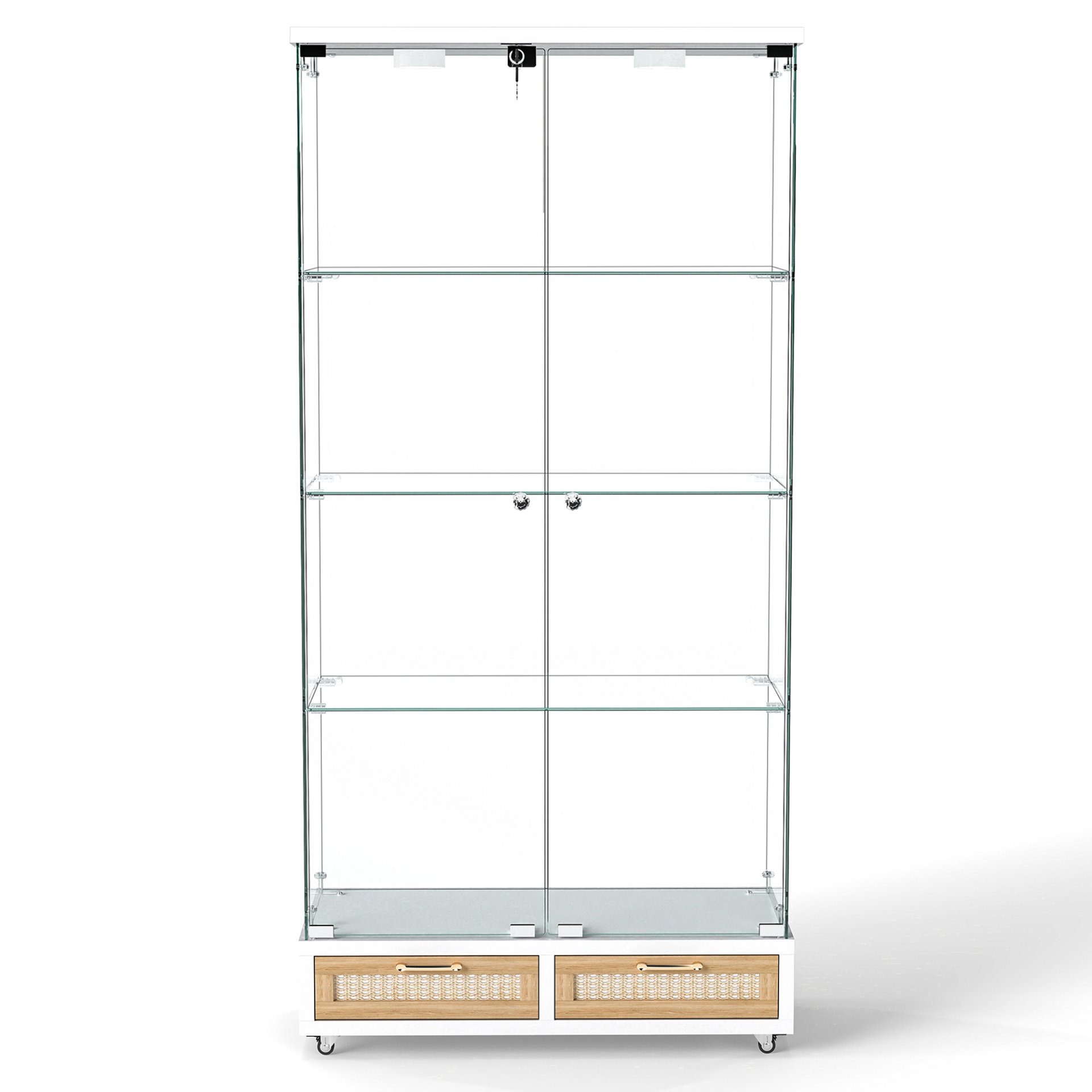 Glass Display Cabinet With LED Lights, Tempered Glass Doors, Large Drawers, 2 Door Storage Case With 4 Shelves - Natural / White - Image 14