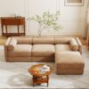 Elegant Chenille Sofa With Storage Seat And Ottoman L Shaped 3 Seater With Cylindrical Backrest And Armrests - Camel - Image 12