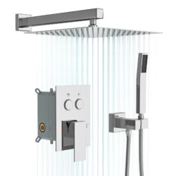 Dual Shower Head Wall Mounted Square Shower System With Rough In Valve, Stainless Steel And Brass - Chrome