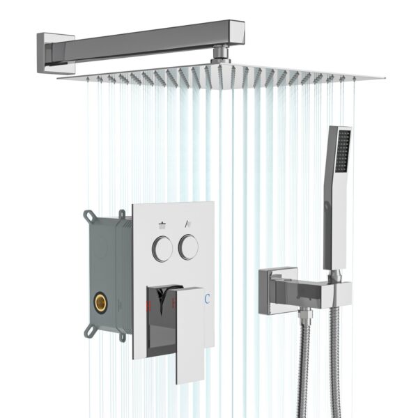 Dual Shower Head Wall Mounted Square Shower System With Rough In Valve, Stainless Steel And Brass - Chrome