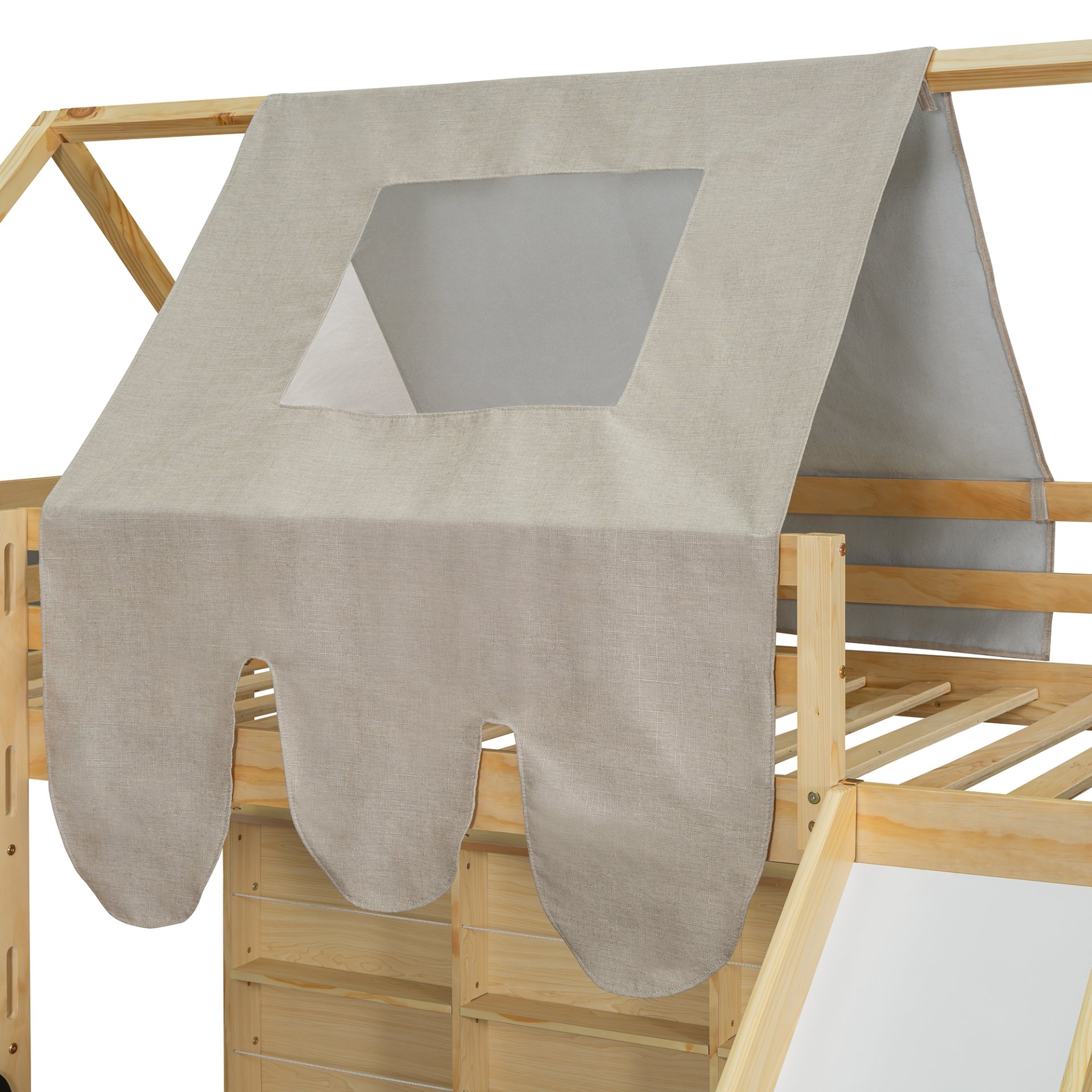 Twin Size Loft Bed With House Shaped Frame And Tent - Natural / Beige - Image 15