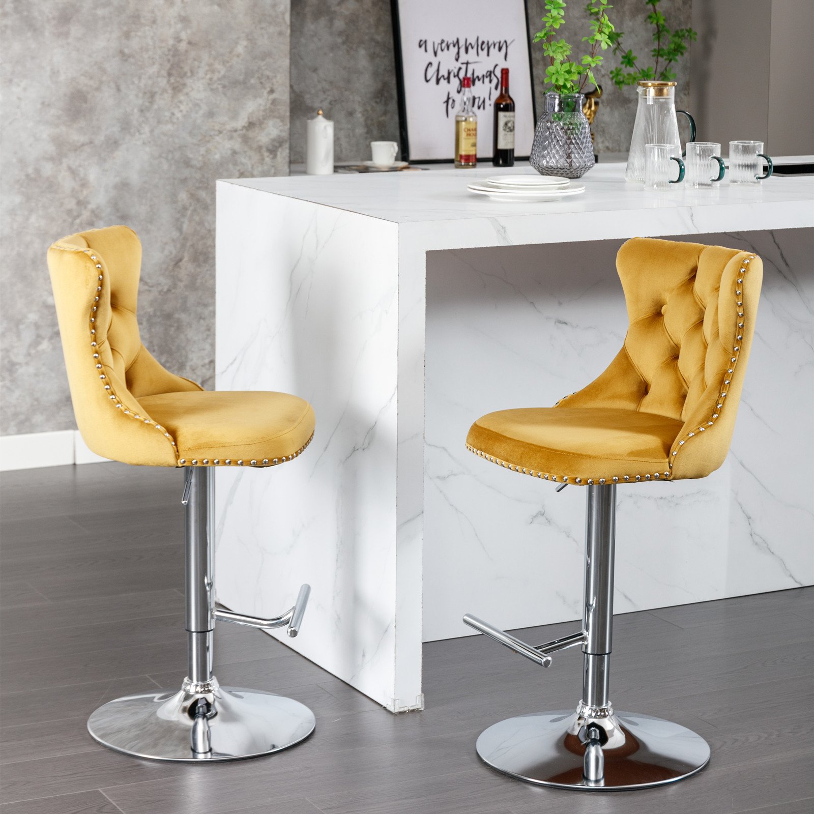 Swivel Velvet Barstools Adjusatble Seat Height From 25-33", Modern Upholstered Chrome Base Bar Stools With Backs Comfortable Tufted For Home Pub And Kitchen Island (Set of 2) - Gold - Image 14