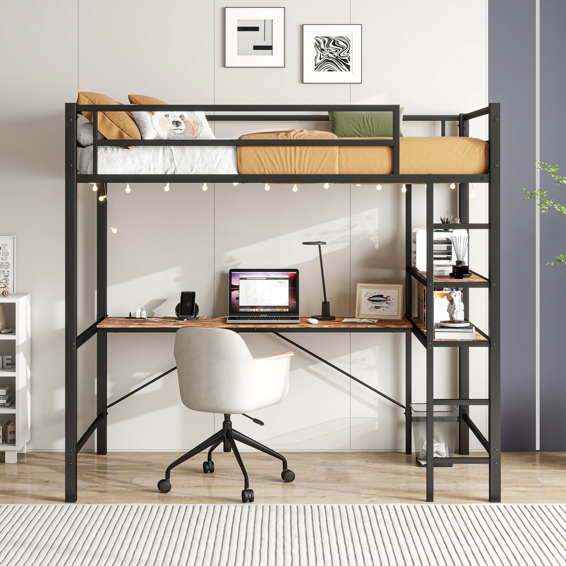 Space Saving Twin Size Loft Bed With L Shaped Desk, Shelves, Charging Station, Led Lights - Brown - Image 2
