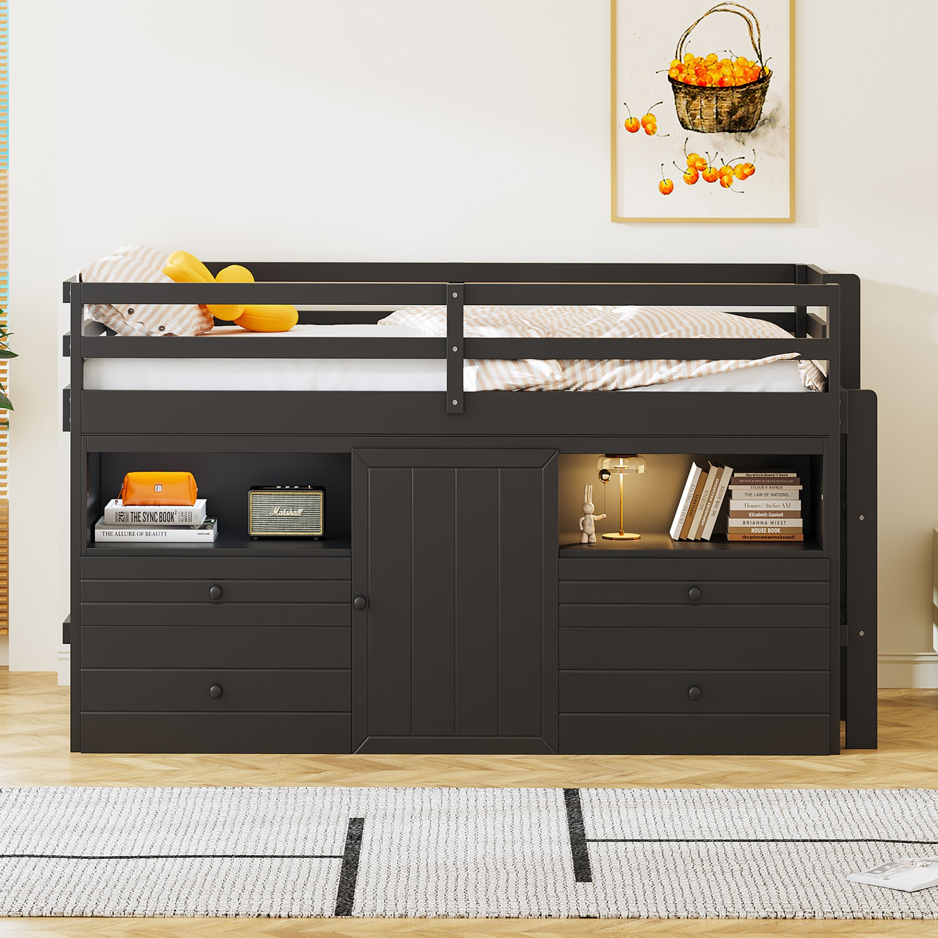 Twin Size Loft Bed With 4 Drawers, Underneath Cabinet And Shelves - Espresso - Image 2