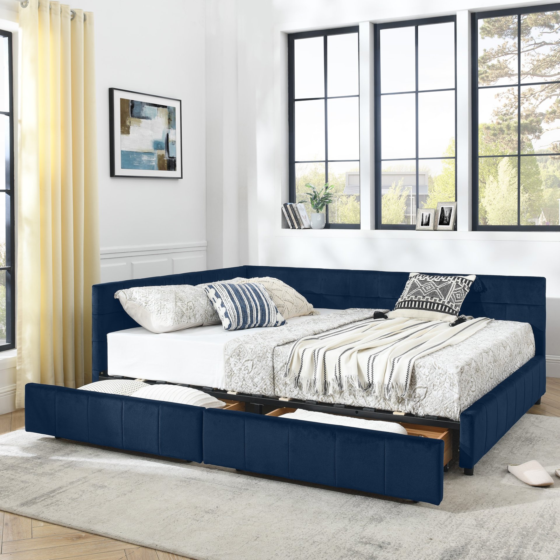 Queen Size Storage Upholstered Tufted Bed Frame, Comfortable Sofa Bed With Backrest And Armrests - Dark Blue - Image 4