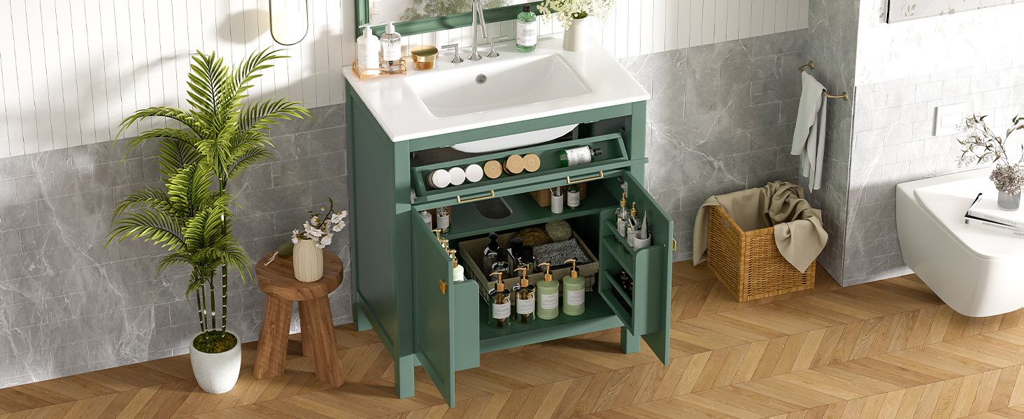 Bathroom Vanity With Ceramic Sink, Modern Single Bathroom Cabinet With 2 Doors And A Shelf, Soft Close Doors - Green - Image 32