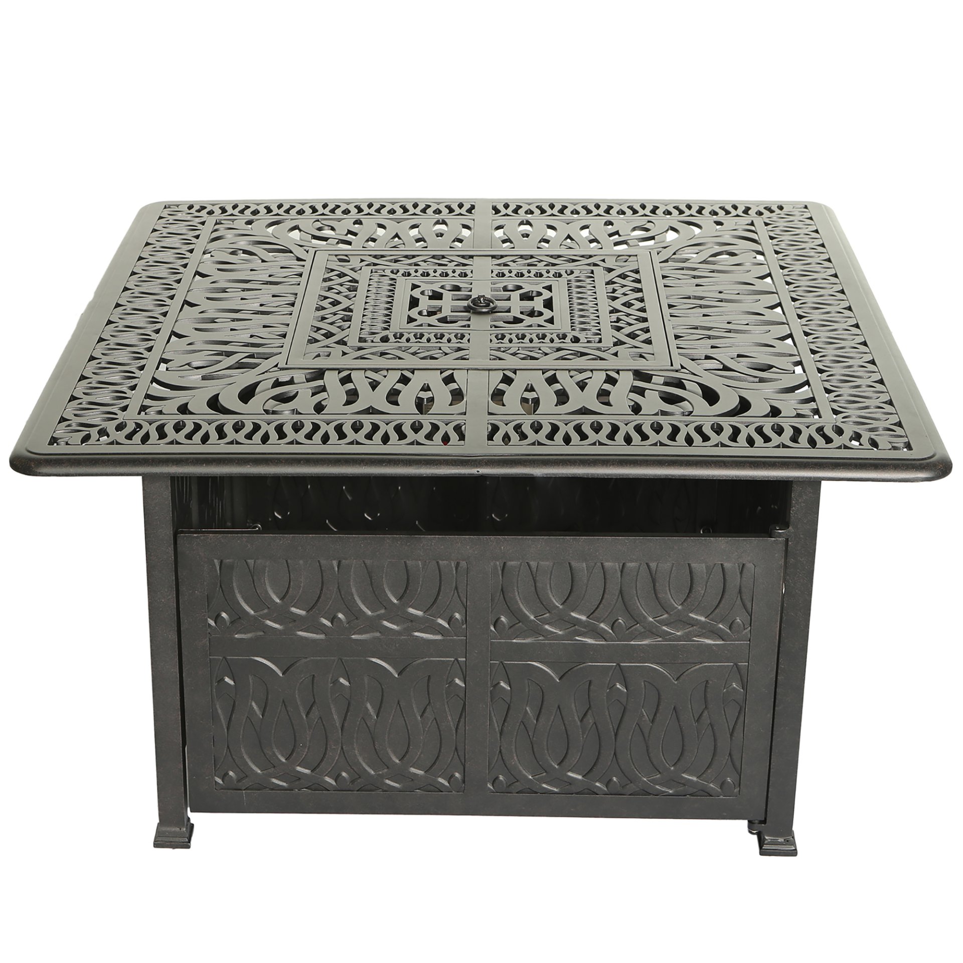 Elegant Cast Aluminum Square Fire Table With Fire Glass And Cover - Antique Bronze - Image 4