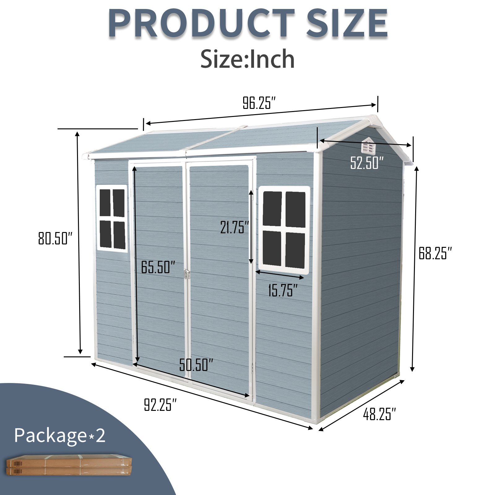 8 X 4Ft Resin Outdoor Storage Shed With Two - Window And Double - Door, Plastic Shed With Floor For Gargen, Patio, Yard, Lawn - Gray - Image 3