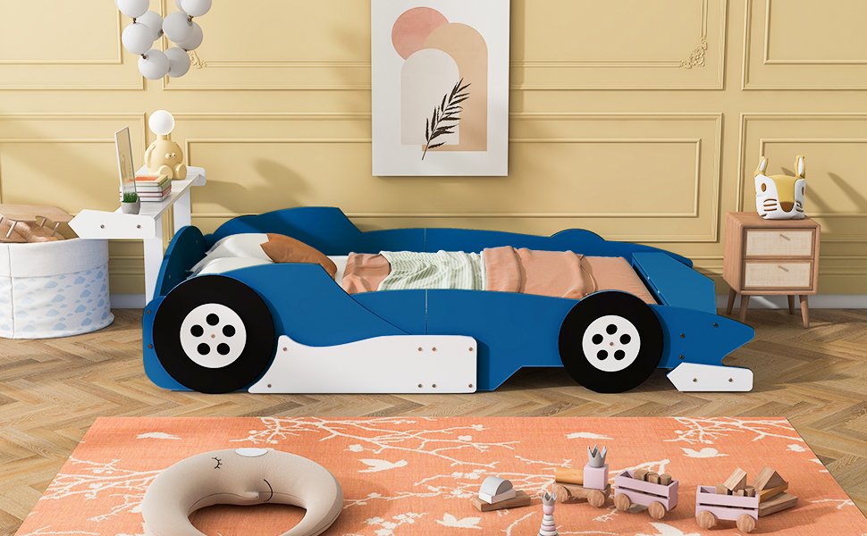 Full Size Race Car Shaped Platform Bed With Wheels - Blue - Image 16