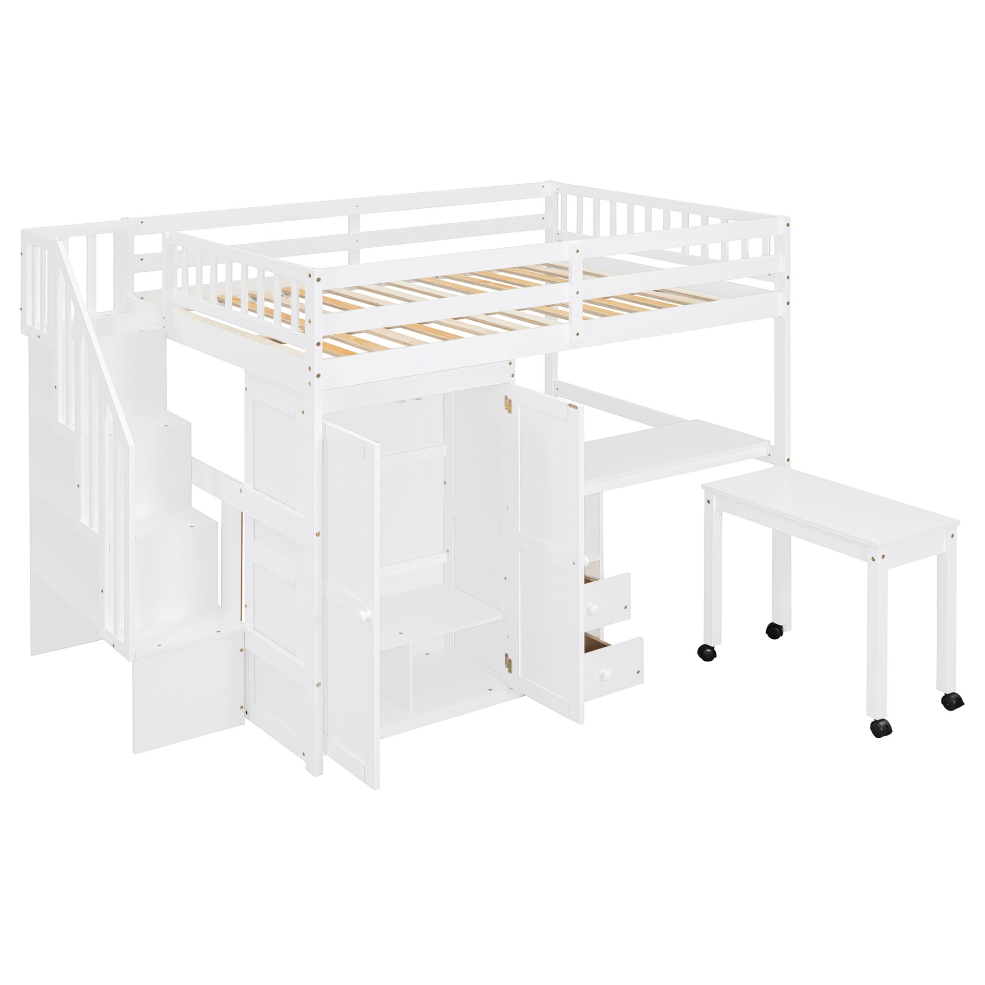 Full Size Loft Bed With Stairs, Bookshelf, Drawers, Desk & Wardrobe, Space Saving Multifunctional Furniture - White - Image 14