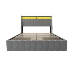 Queen Size Bed Frame With LED Lighting, Winged Headboard With Storage Drawers - Light Gray