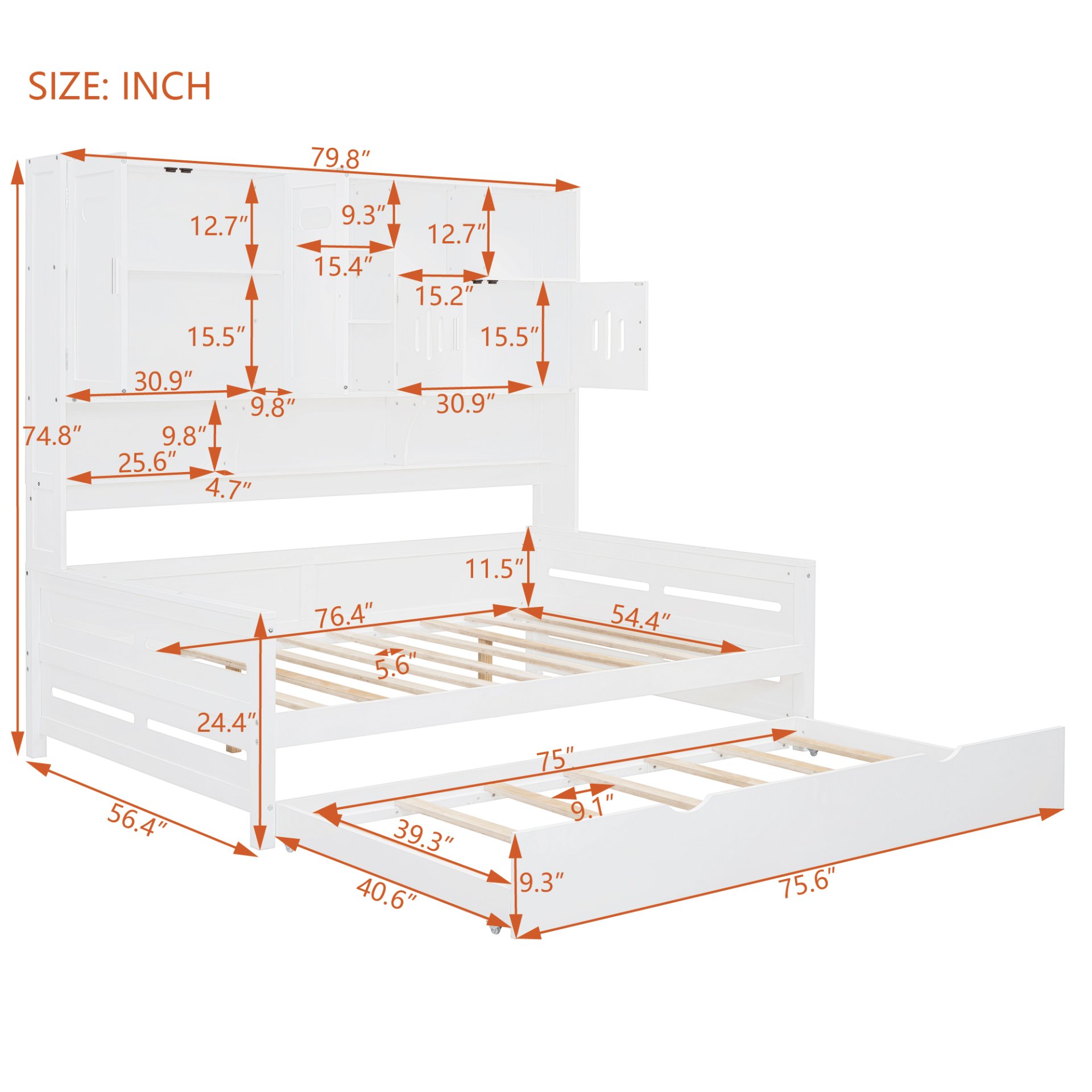 Full Size Wooden Daybed With Twin Size Trundle, And All In One Cabinet And Shelf - White - Image 12