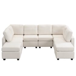 Sectional Sofa Couch Sofa Bed U-Shaped Sofa With Two Movable Ottoman And Three USB Ports For Living Room - Beige
