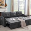 Mabel - Woven Fabric Sleeper Sectional With Cupholder, USB Charging Port nd Pocket - Dark Gray - Image 6