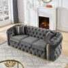 Velvet Button Tufted Sofa Couch With 2 Pillows 3 Seater Luxury Chesterfield Sofa Set With Stainless Steel Accents For Living Room - Gray - Image 6