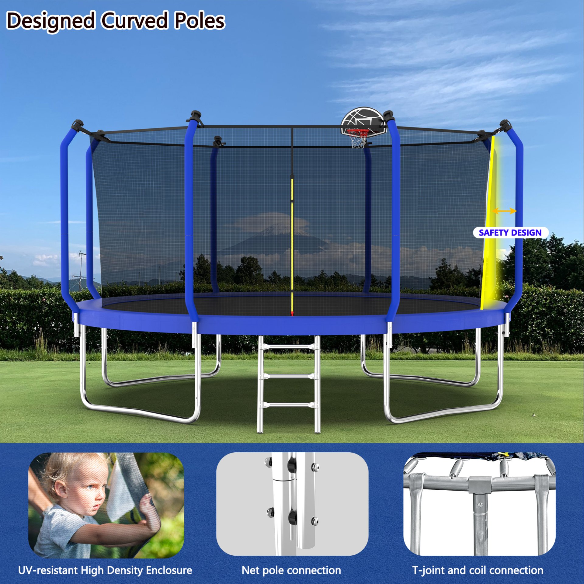 168.11" Trampoline With Basketball Hoop, Astm Approved Reinforced Type Outdoor Trampoline With Enclosure Net - Blue - Image 8