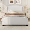 King Size High Headboard Wingback Linen Upholstered Bed No Box Spring - Beige - Image 3