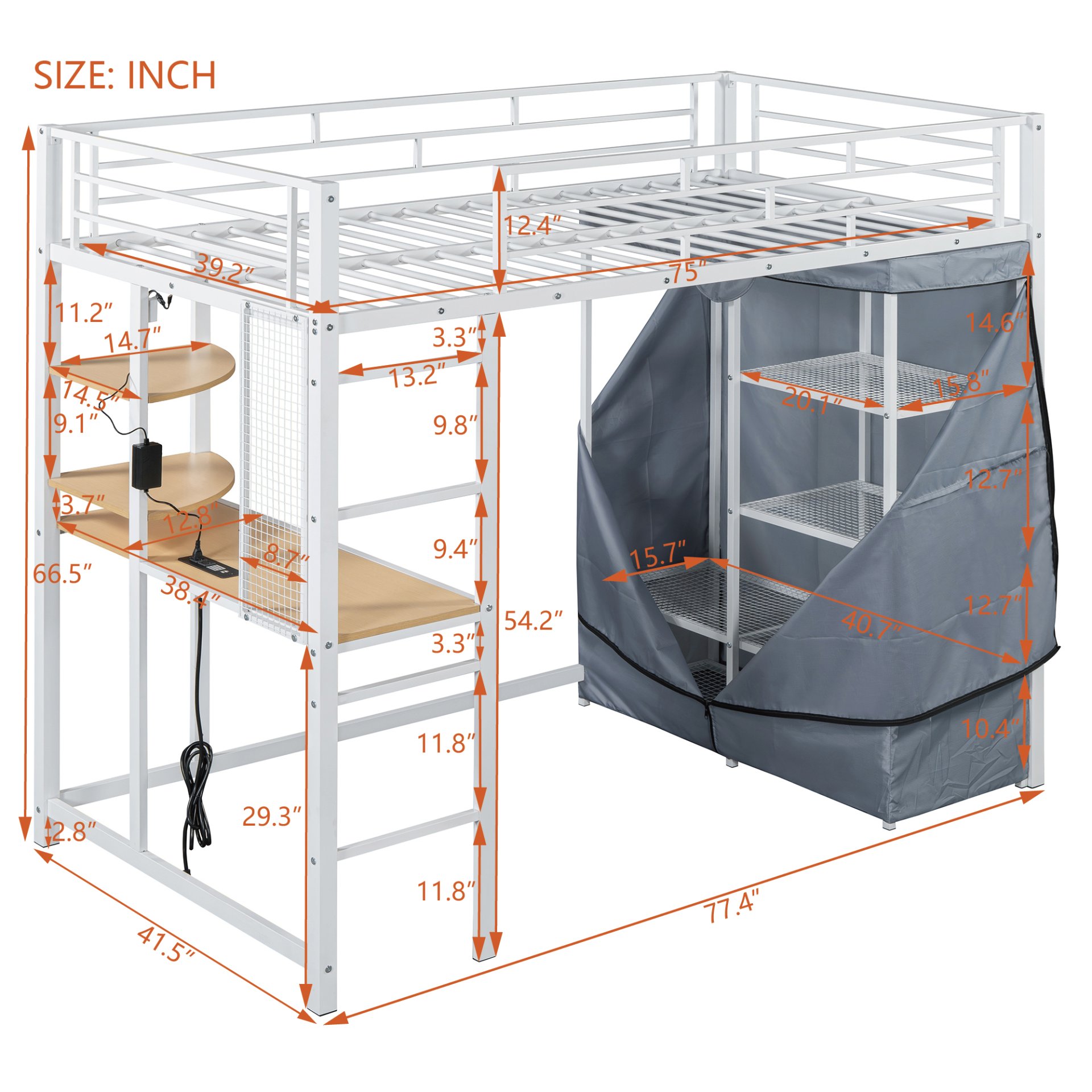 Twin Size Loft Bed With Desk, Shelves, Power Outlet, LED Light And Wardrobe - White - Image 6