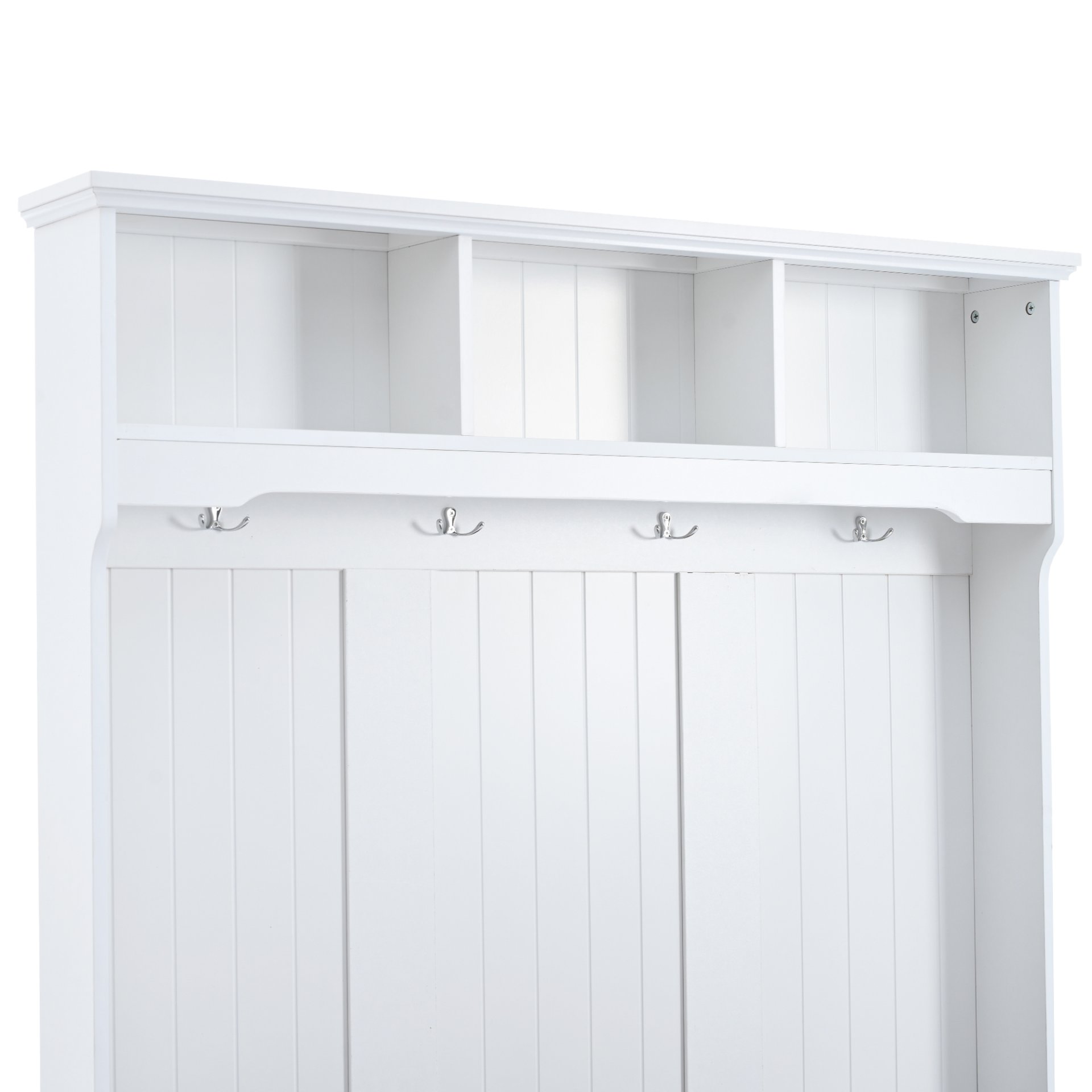5 In 1 Entryway Bench With Shutter - Shaped Doors, Coat Rack, Cushion And 4 Sturdy Hooks, Wide Hall Tree With Storage Bench For Hallway, Entryway, Living Room - White - Image 8