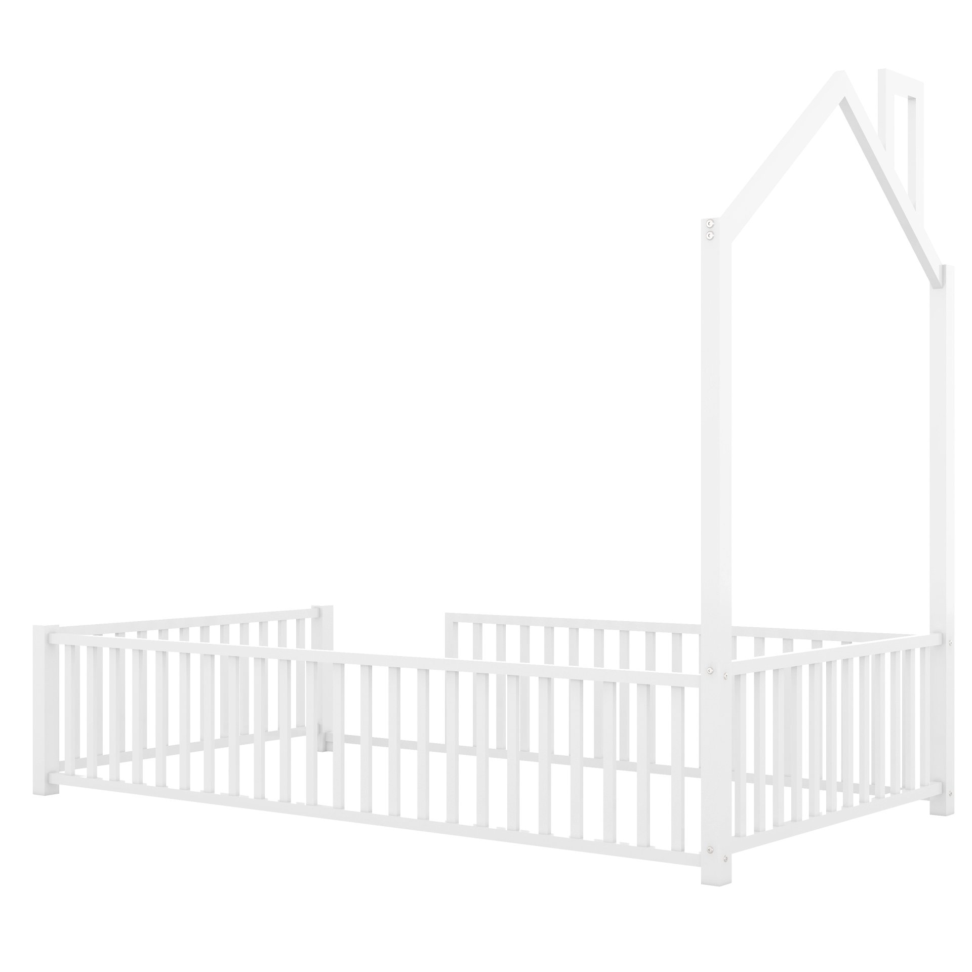 Twin Size Metal House Platform Bed With Guardrail And Chimney - White - Image 9