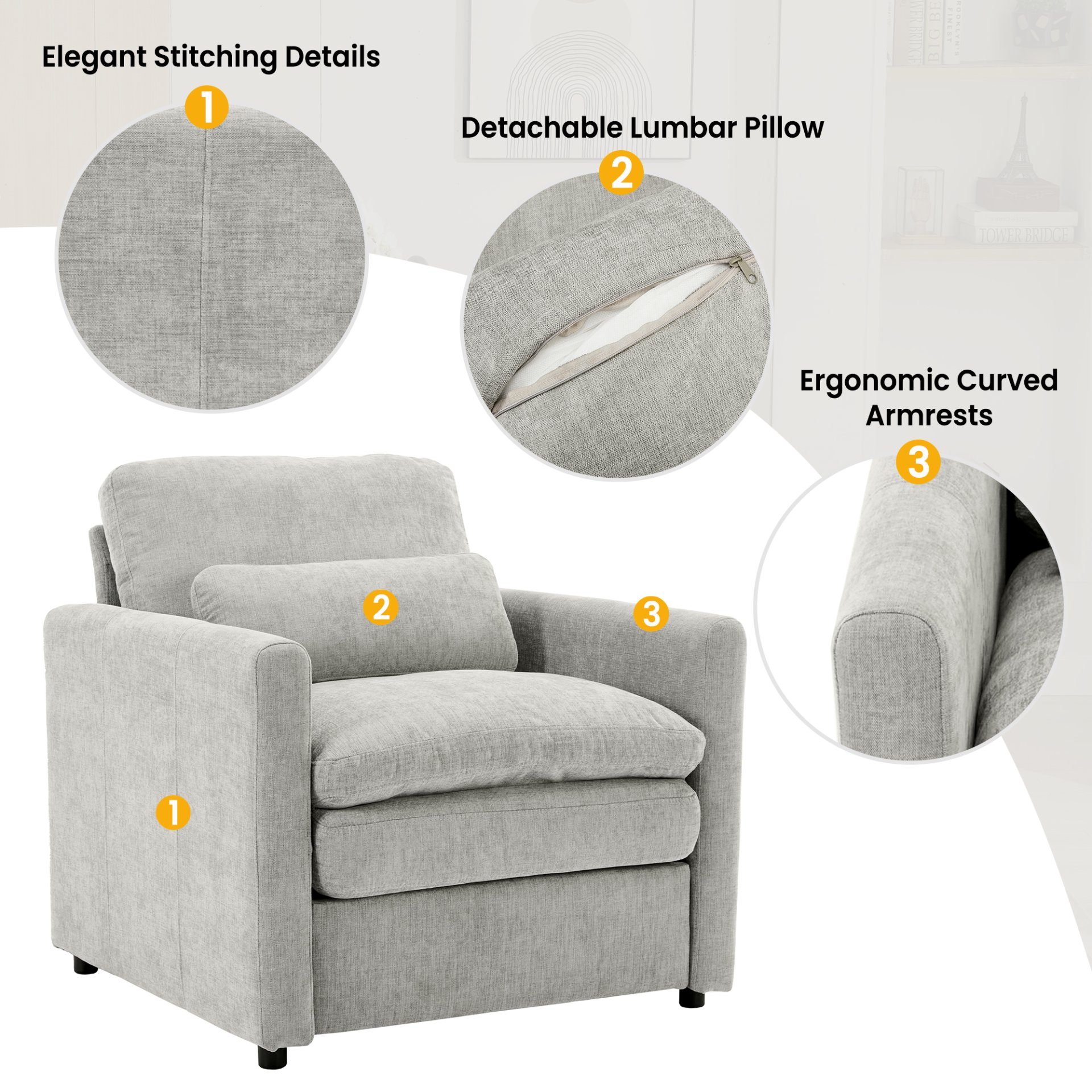 Cozy Upholstered Armchair Oversized Comfy Cloud Sofa Double Cushion Single Sofa Plush Cushion Armchair For Living Room - Light Gray - Image 6