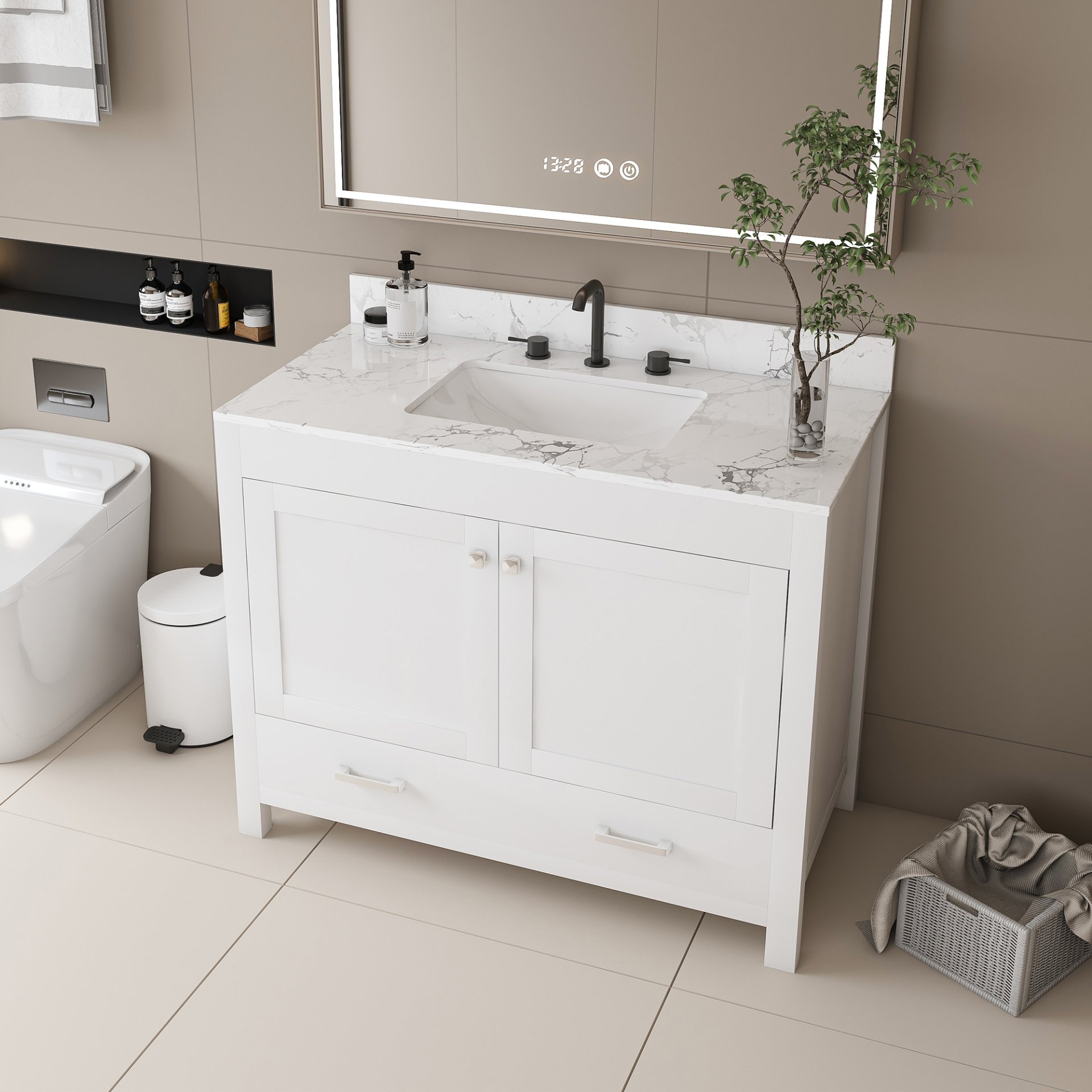 43" Bathroom Vanity With Artificial Marble Carrara Top Set, Multi Functional Bathroom Cabinet With Doors And Drawer - White - Image 4