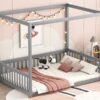 Full Size Canopy Frame Floor Bed With Fence, Guardrails - Gray - Image 12
