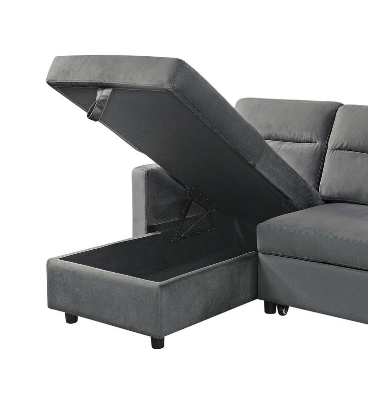 Ivy - Velvet Reversible Sleeper Sectional Sofa With Storage Chaise And Side Pocket - Dark Gray - Image 6