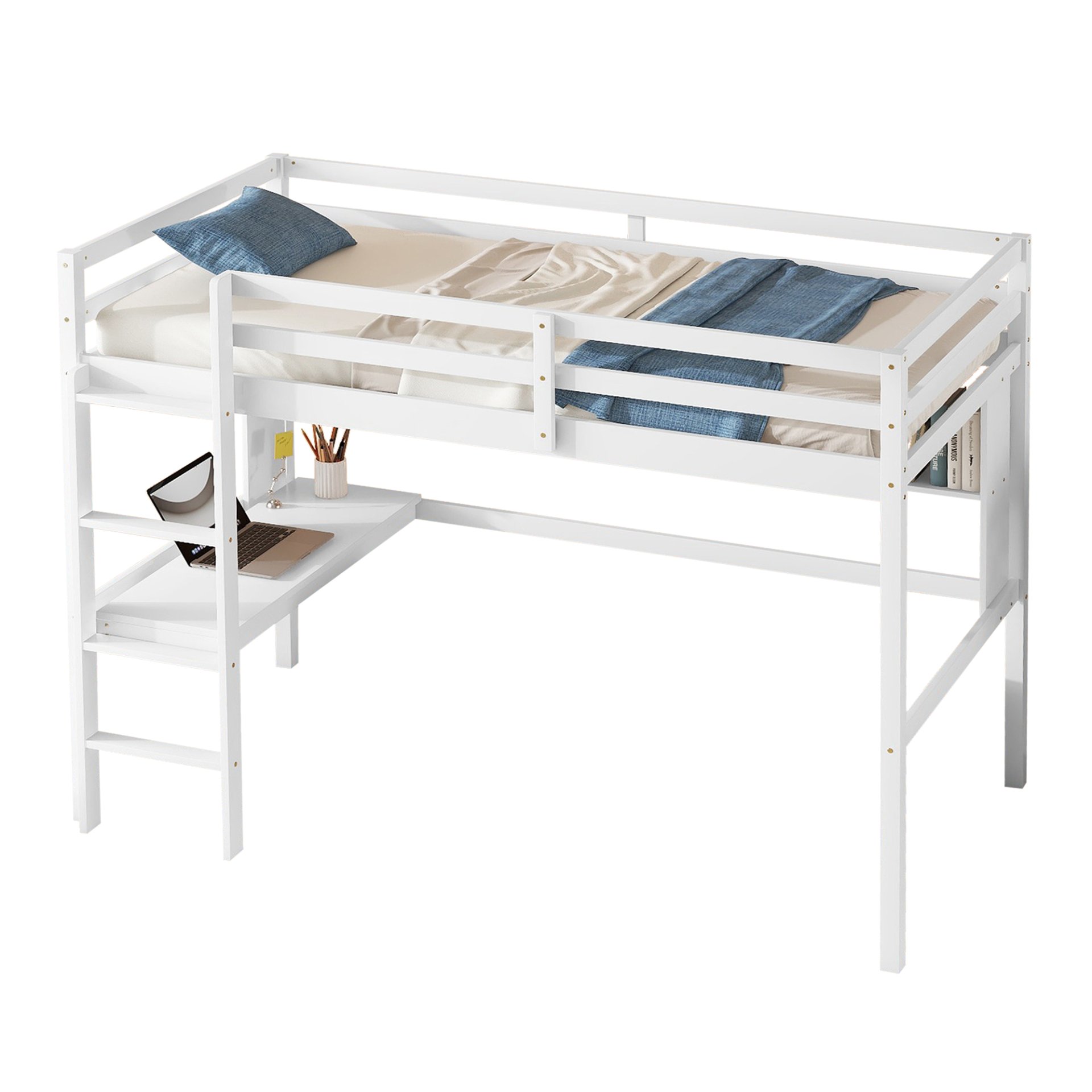Twin Size Loft Bed With Desk And Shelves, Safety Guardrail And Ladder - White - Image 13
