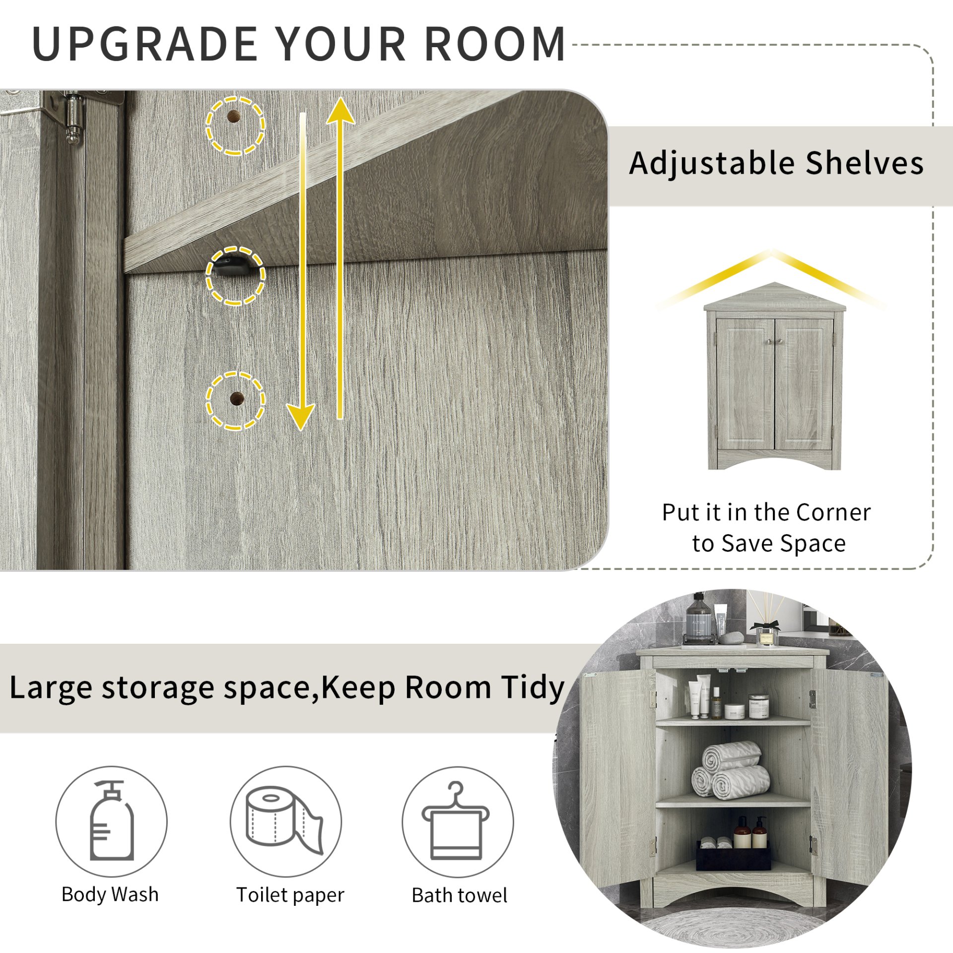 Triangle Bathroom Storage Cabinet With Adjustable Shelves, Freestanding Floor Cabinet For Home Kitchen - Oak - Image 11