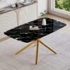 Luxurious Marble Patterned Dining Table With en Metal Fork Legs, Tempered Glass Top - Black / Gold - Image 2