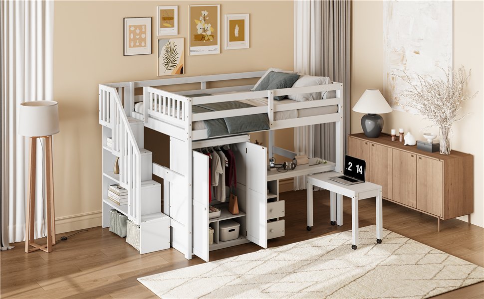 Full Size Loft Bed With Stairs, Bookshelf, Drawers, Desk & Wardrobe, Space Saving Multifunctional Furniture - White - Image 24
