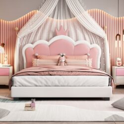 Full Size Upholstered Princess Bed With Crown Headboard, Full Size Platform Bed With Headboard And Footboard - White / Pink