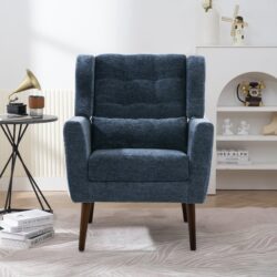 Modern Accent Chair, Chenille Arm Chairs For Living Room, Upholstered Mordern Armchair, Comfy Soft Padded Lounge Chair In Small Space, Bedroom, With Pillow, Solid Wood Leg - Dark Blue