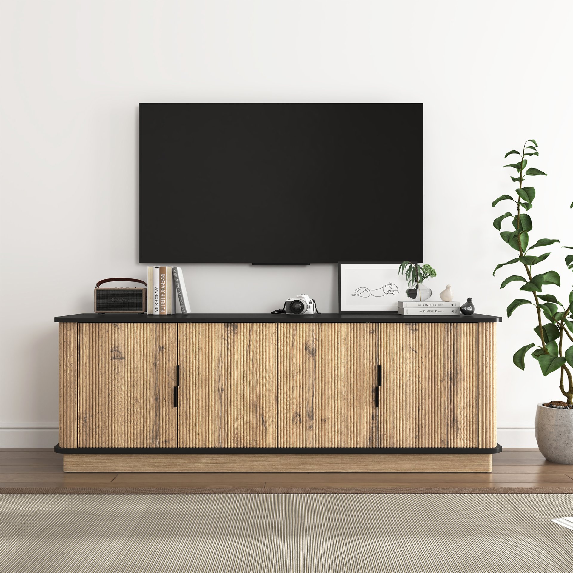 Grain 4 Door TV Cabinet, An Ideal Choice For TV And Item Storage In Modern Homes, A Perfect Blend Of Nordic And Modern Minimalist Styles - Black - Image 9