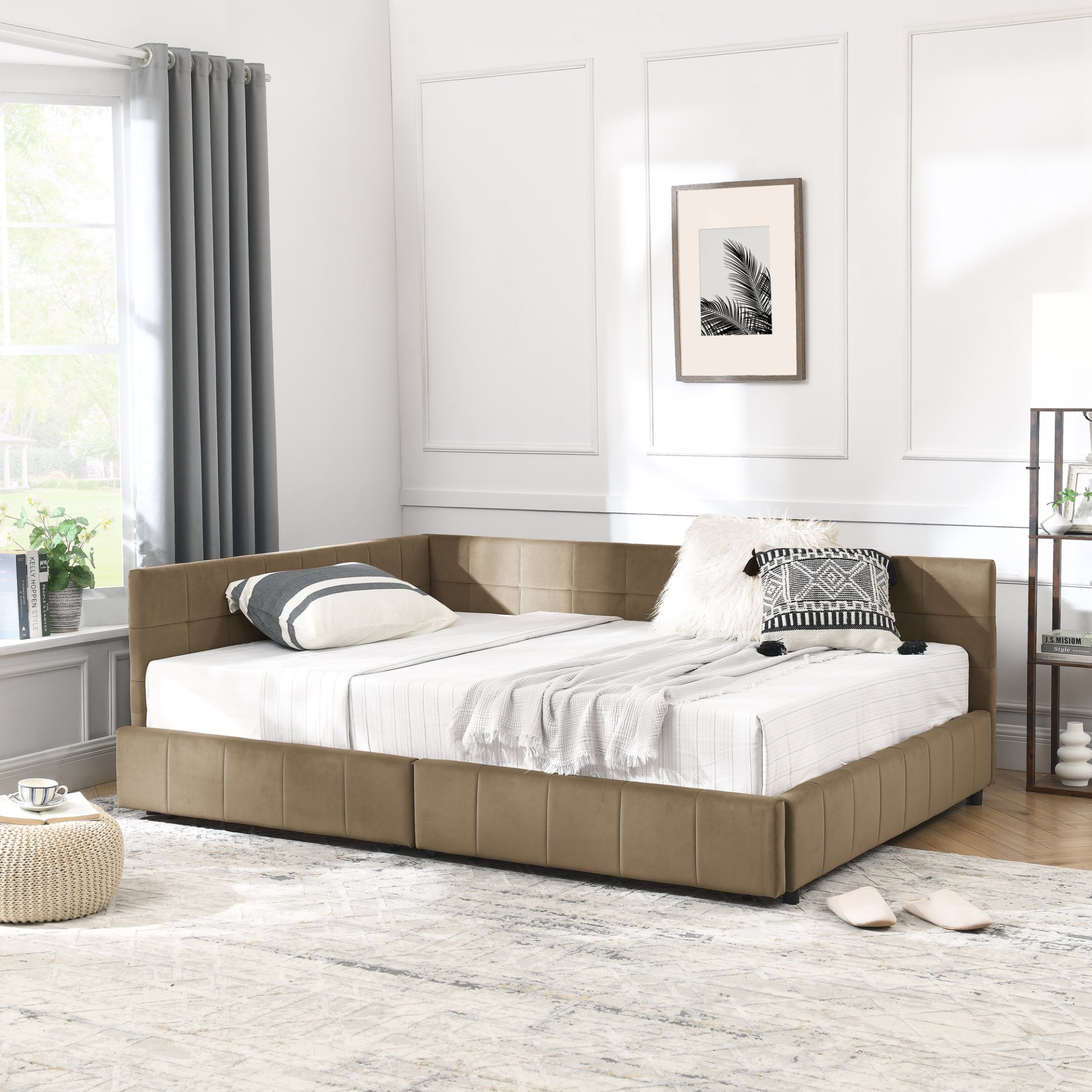 Mid Century Velvet Upholstered Tufted Full Size Storage Bed Frame With Backrest And Armrests - Brown - Image 6