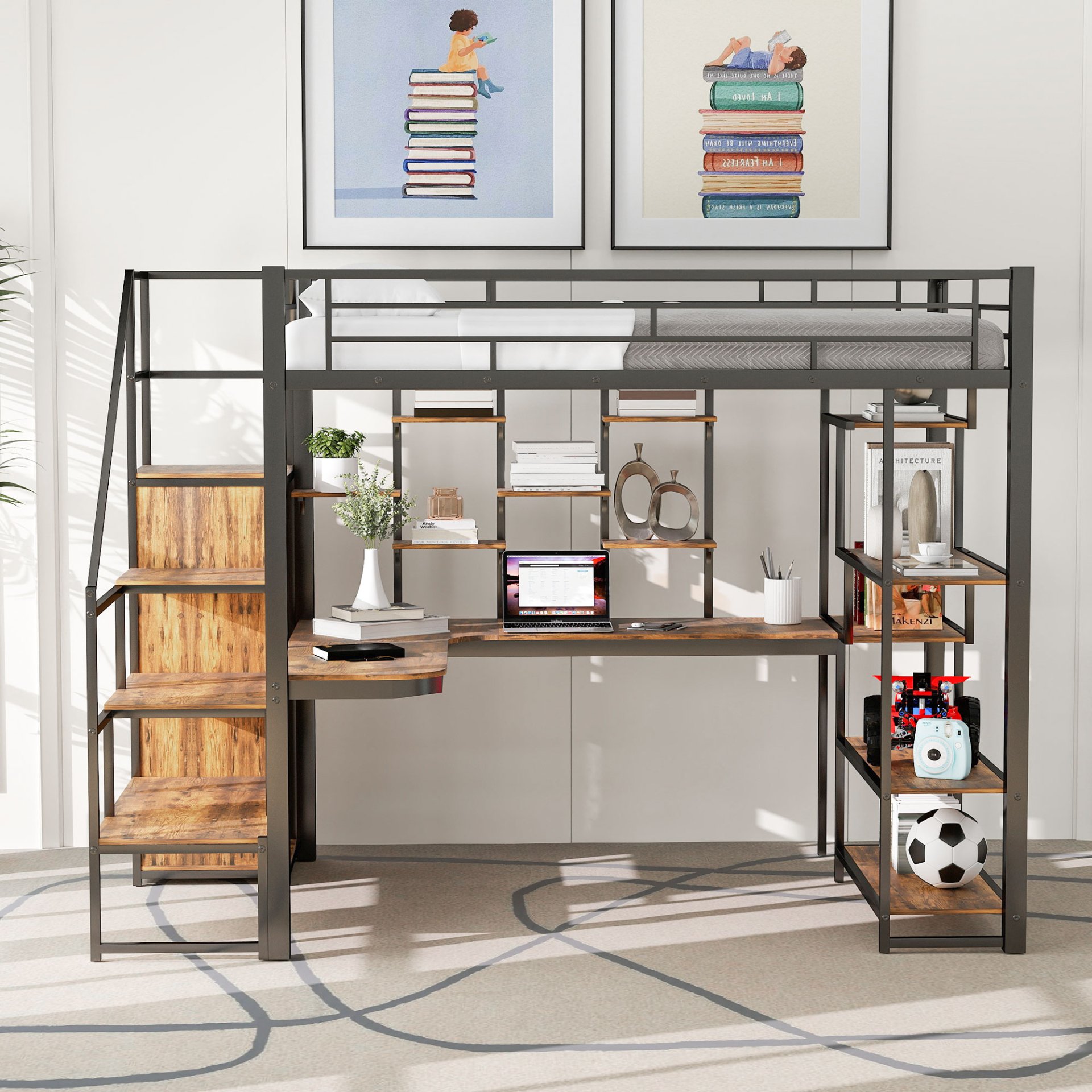Full Size Metal Loft Bed With Storage Staircase And Small Wardrobe, Built - In Desk And Storage Shelves - Black - Image 4