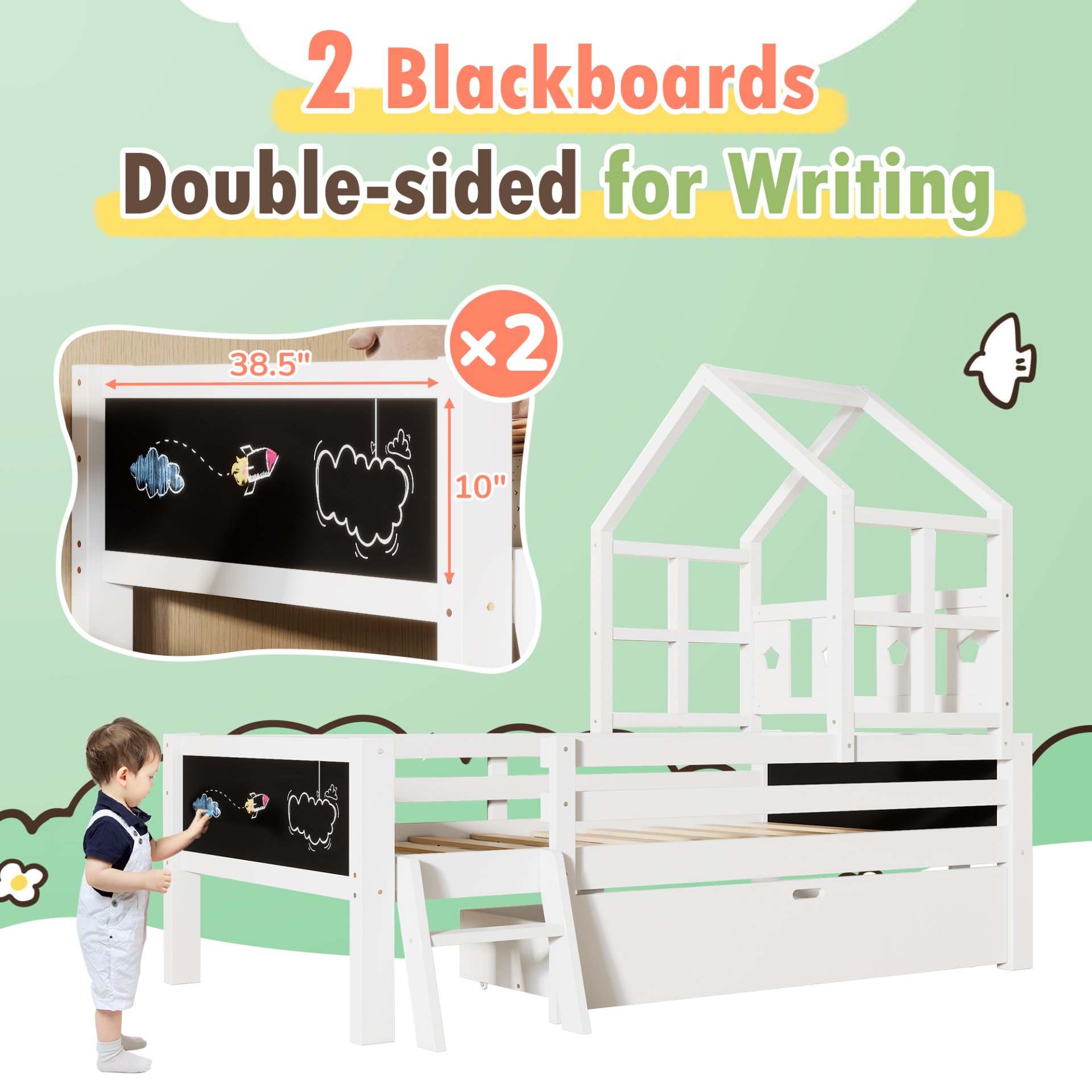 Twin Size House Bed With Ladder, Storage Drawers, And Blackboard Design - White - Image 6