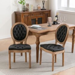 French Style Solid Wood Frame Antique Painting, Hand-Pulled Buckle Decoration Artificial Leather Dining Chair With Nailhead Trim, Wood Legs - Black